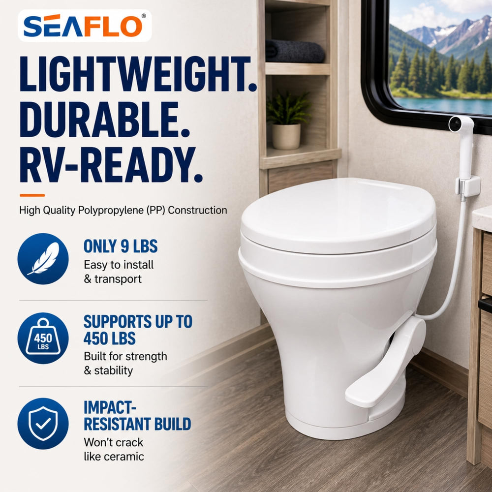 SEAFLO RV toilet 18.4-inch residential height for familiar comfort during travel