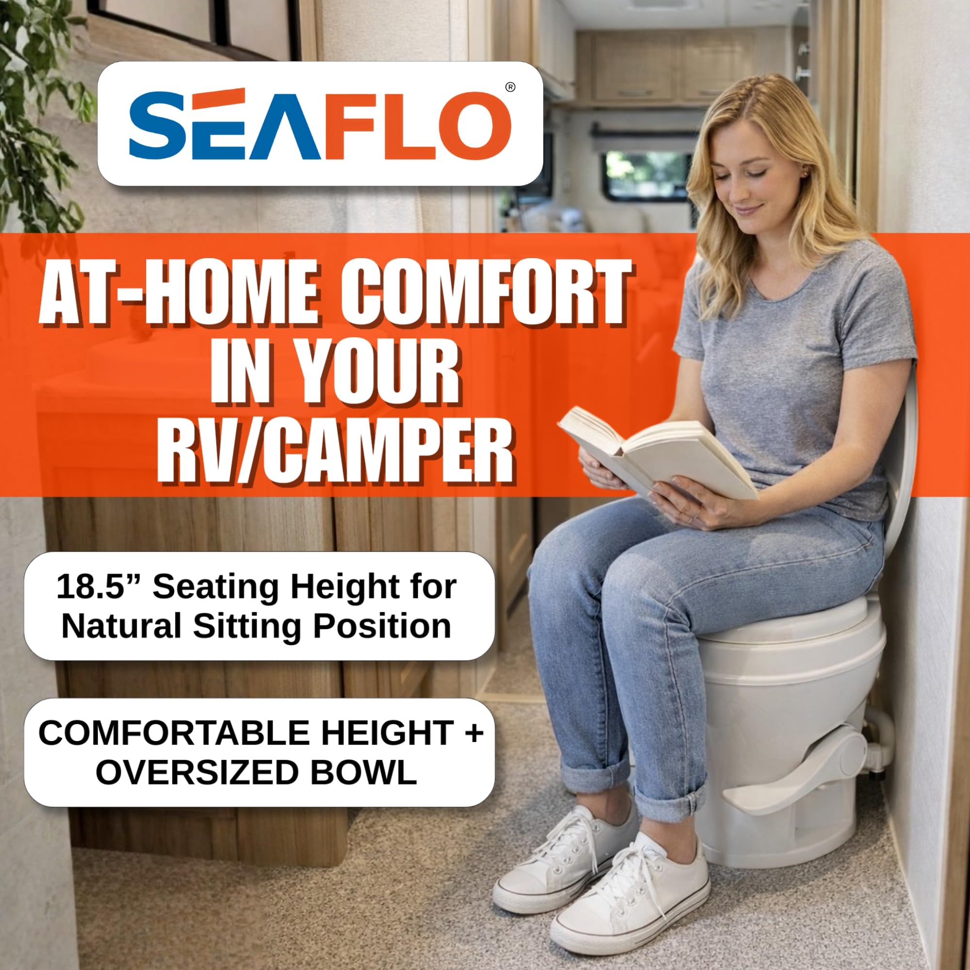 SEAFLO RV toilet tri-directional flush for thorough cleaning with minimal water