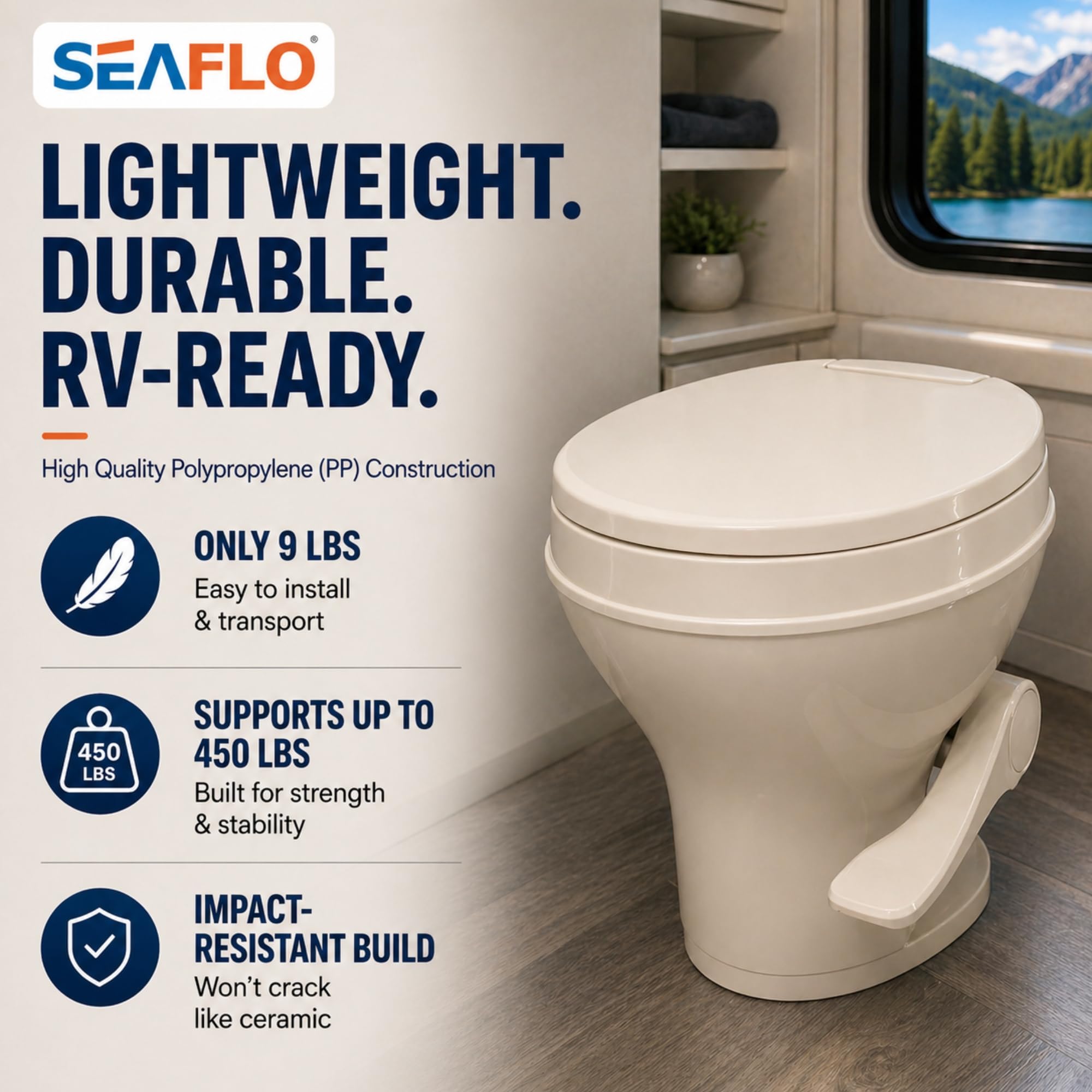 SEAFLO toilet foot pedal operation demonstrating easy gravity flush