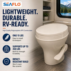SEAFLO toilet foot pedal operation demonstrating easy gravity flush