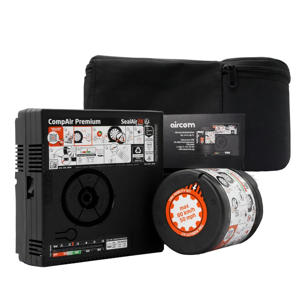 SealAir2k tire mobility kit in storage bag for quick roadside puncture readiness.