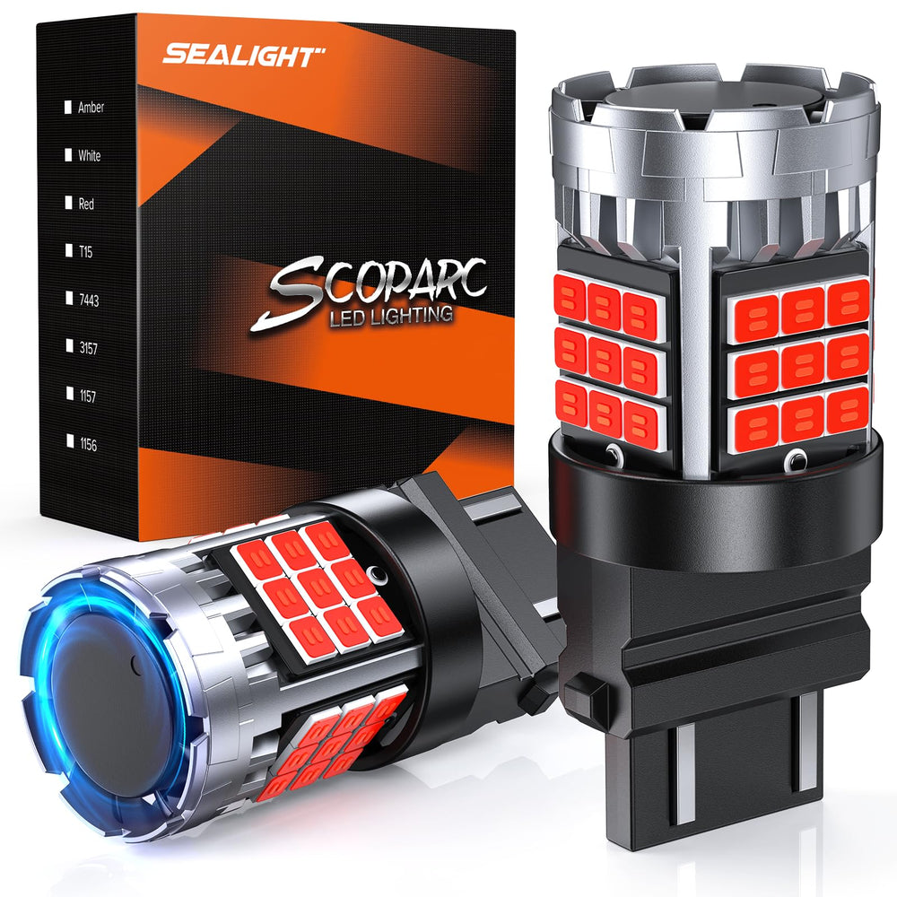 SEALIGHT 3157 LED bulb red brake light with 360° beam for high visibility.