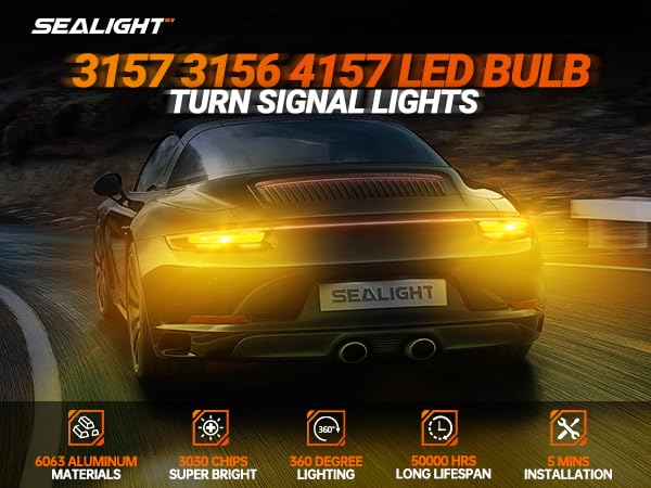 SEALIGHT 3157A amber LED turn-signal side view shows instant-on brightness.