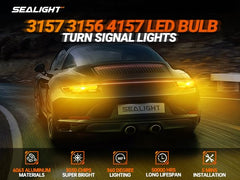 SEALIGHT 3157A amber LED turn-signal side view shows instant-on brightness.
