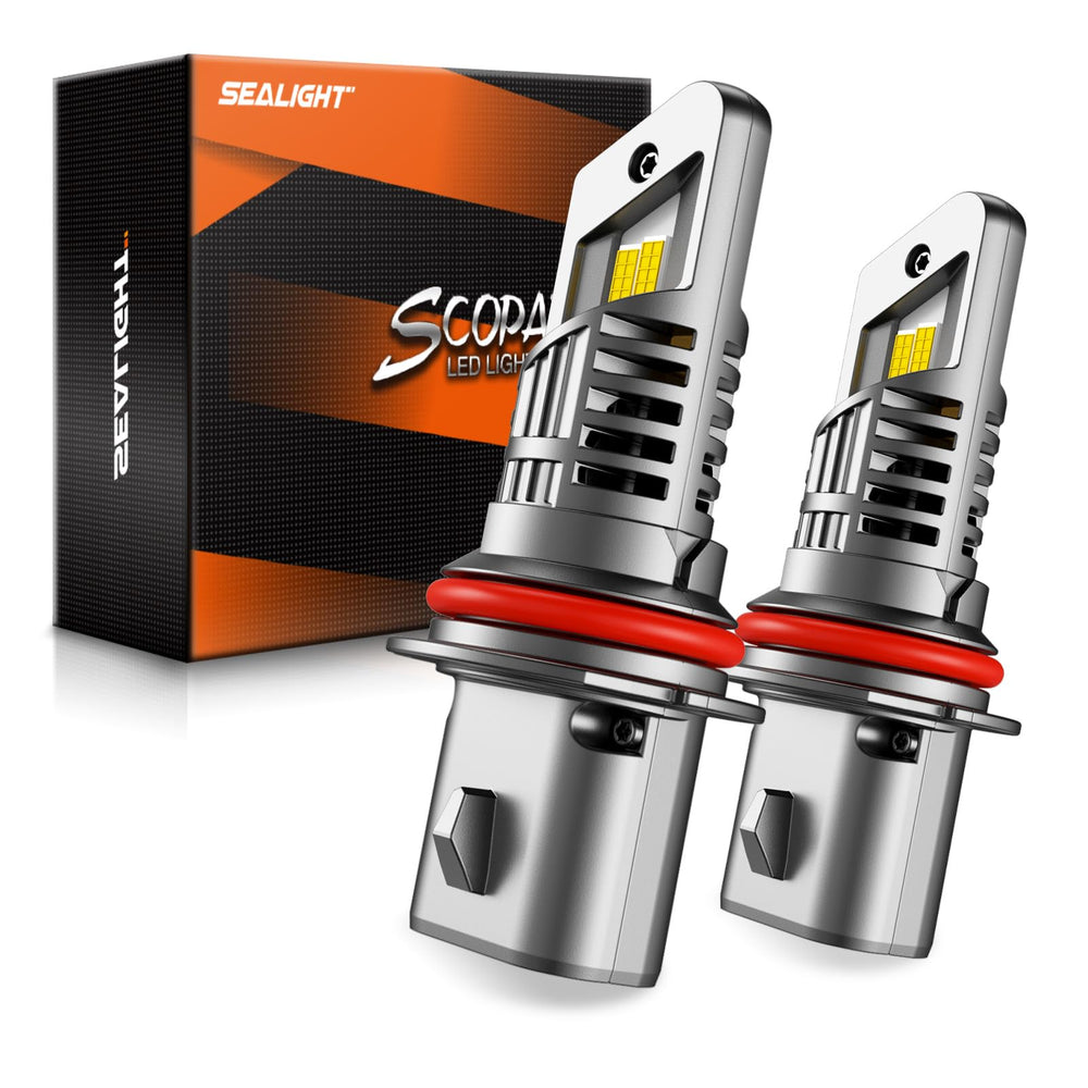 SEALIGHT 9007 LED bulbs front view showing bright, even beam for night driving