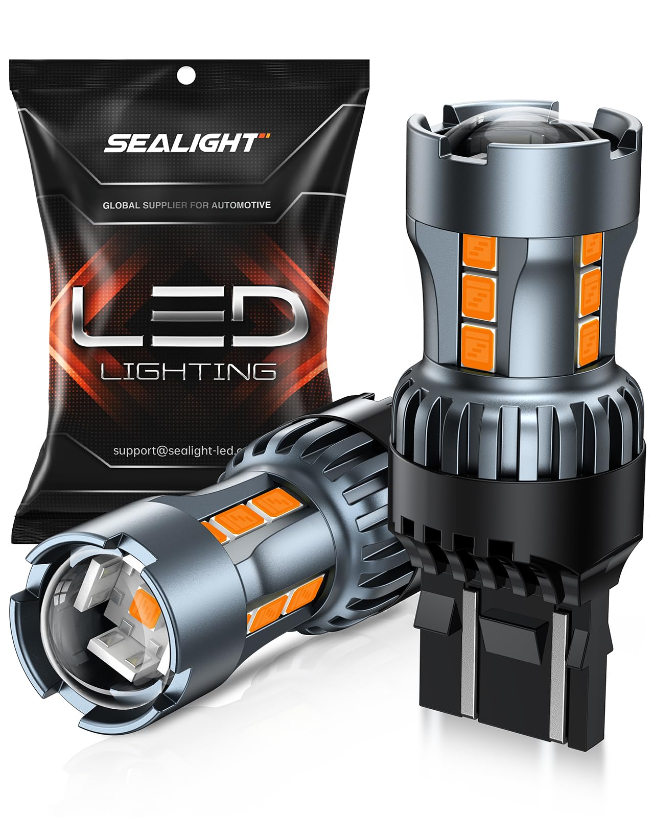 SEALIGHT amber turn-signal bulb closeup showing vivid amber output for visibility