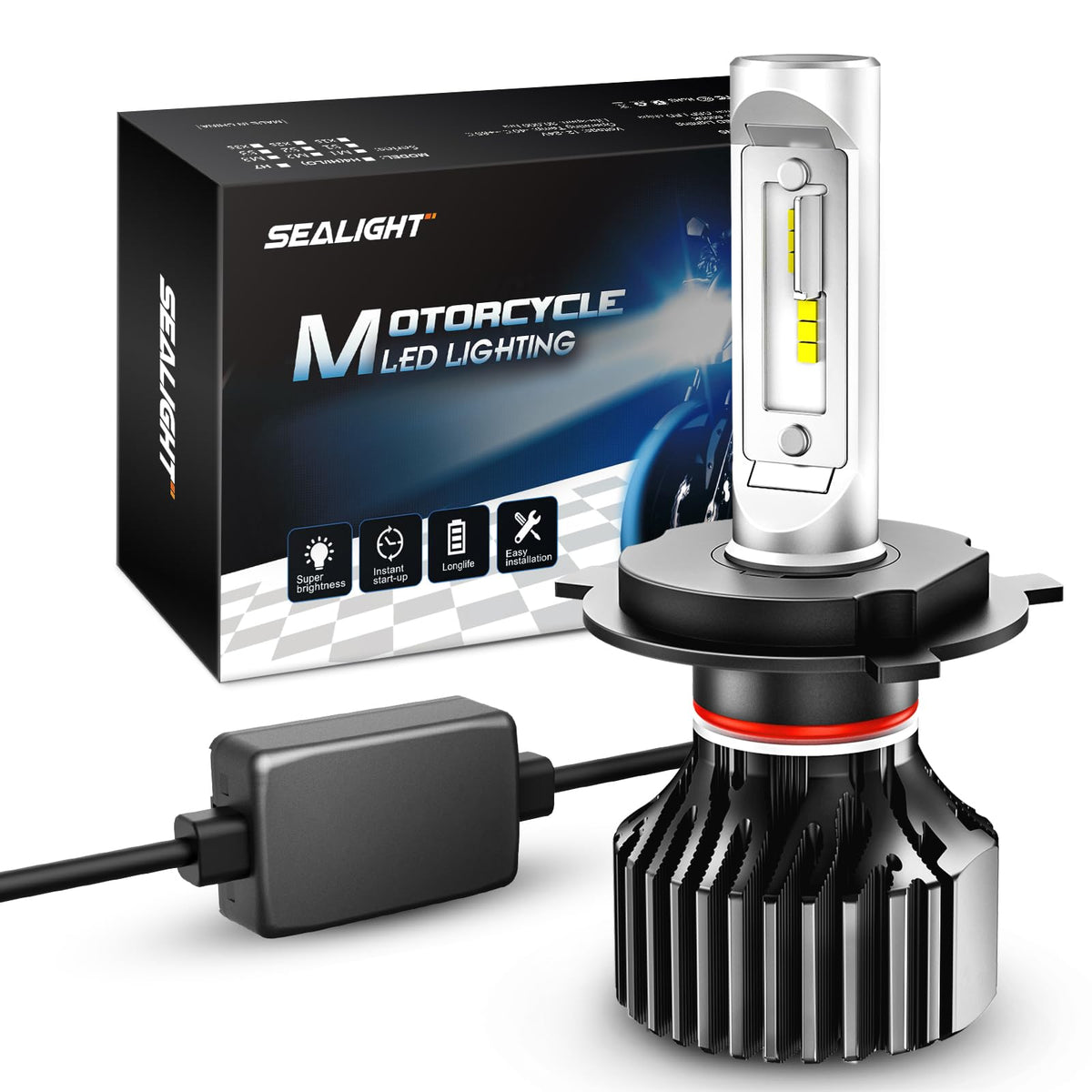 SEALIGHT M1H4/9003 bulb on motorcycle for clearer night visibility.