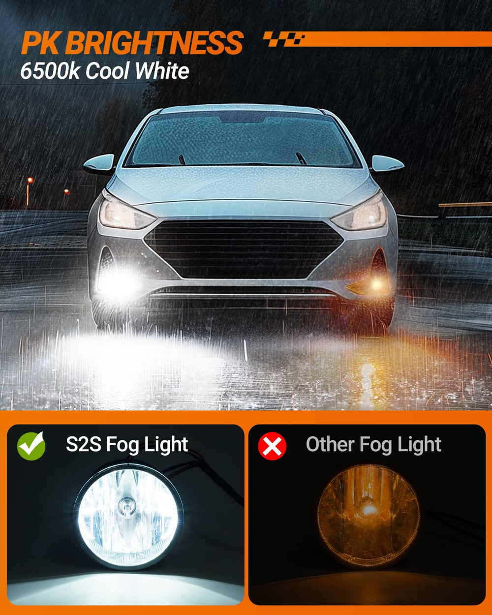 SEALIGHT night-vision comparison highlights 6500K white light for broader, crisper road coverage.