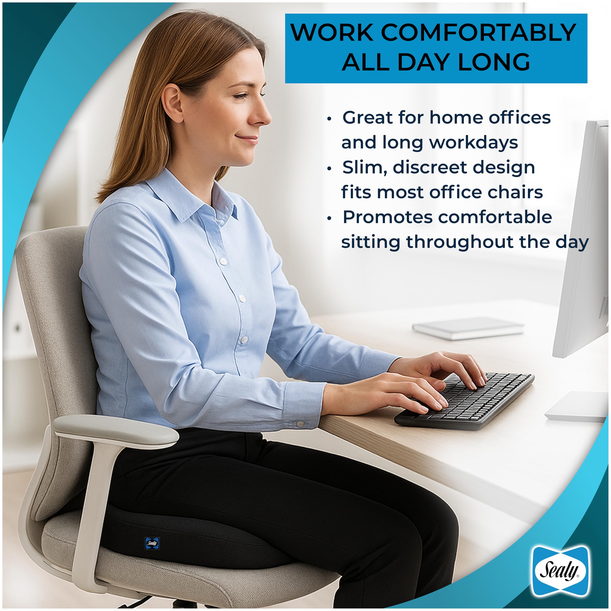 Sealy cushion with non-slip bottom stays securely in place.