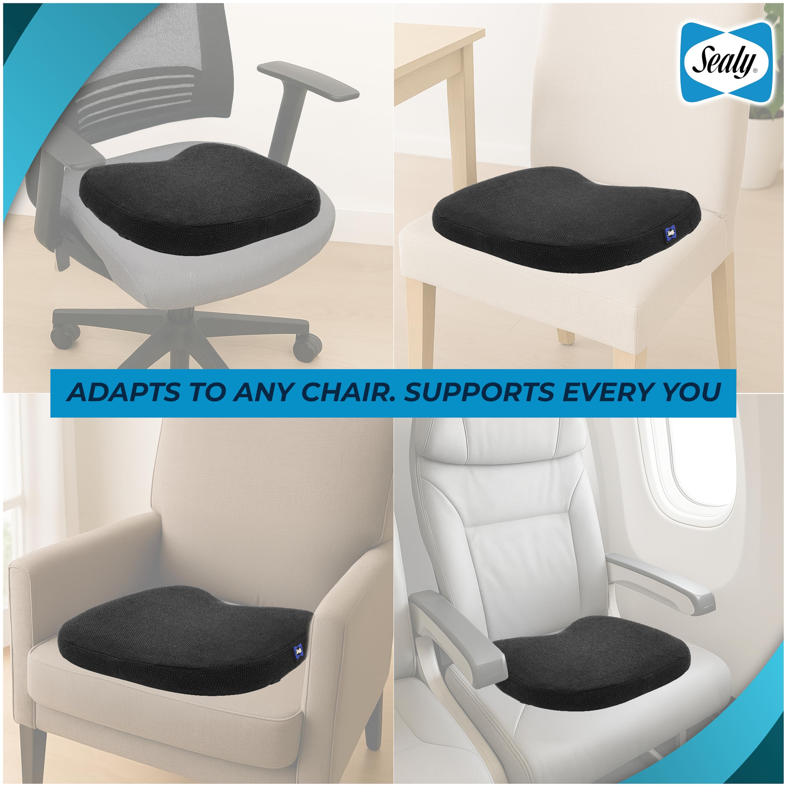 Sealy travel-friendly cushion for car, desk, and lounge.
