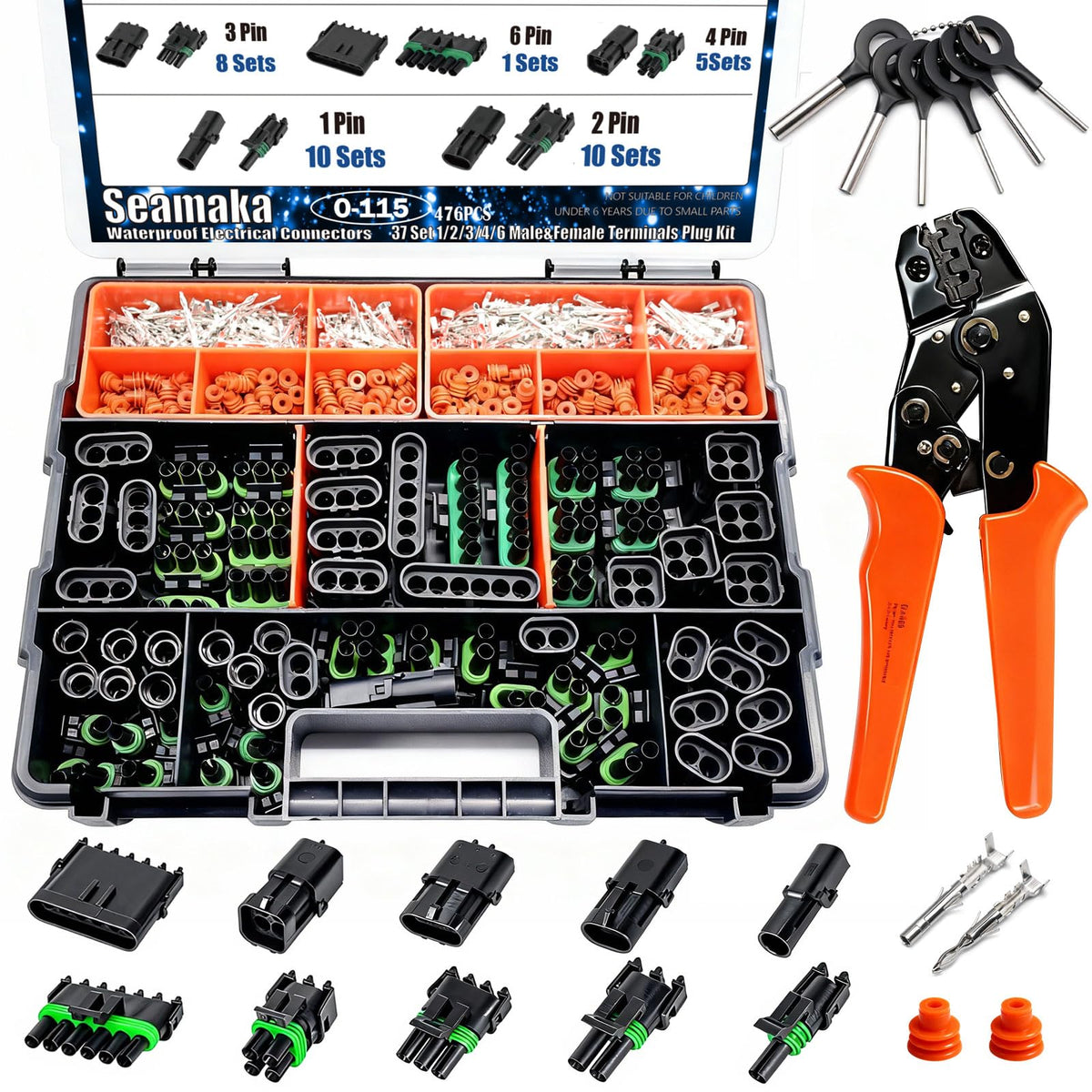 Seamaka 476pcs 37 kits waterproof connector set for versatile automotive wiring projects.
