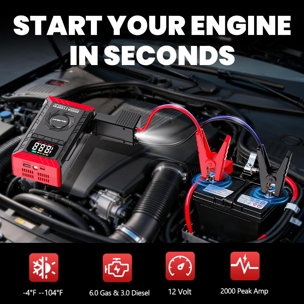 SEAMOUNT 2000A jump starter with inflator display for quick tire pressure checks