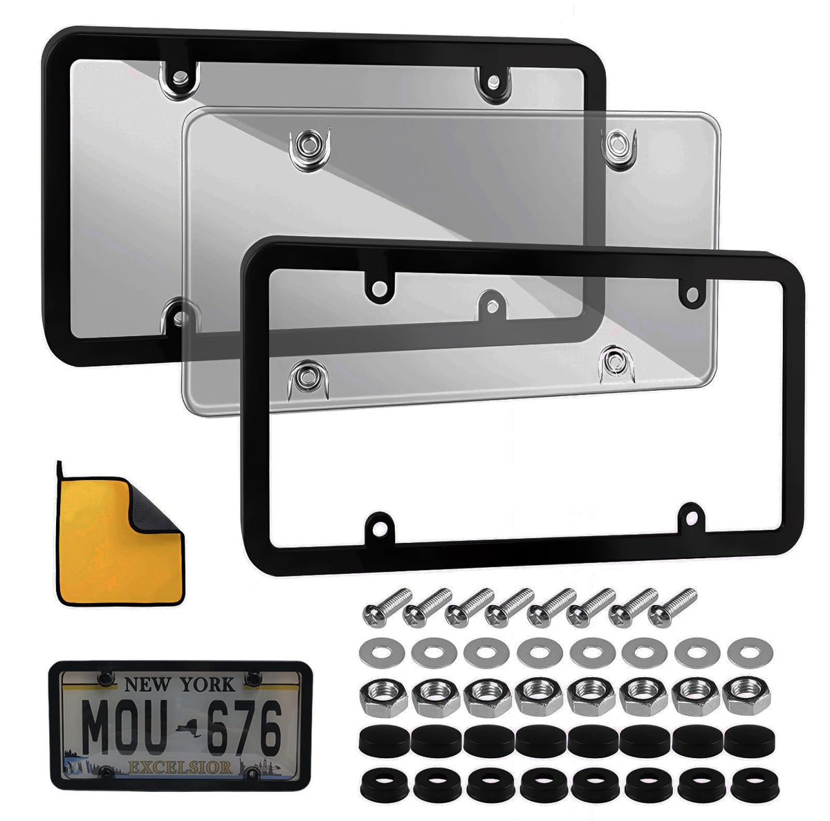 SEARART license plate cover set with screws and towel protects plates during daily driving.