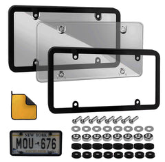 SEARART license plate cover set with screws and towel protects plates during daily driving.