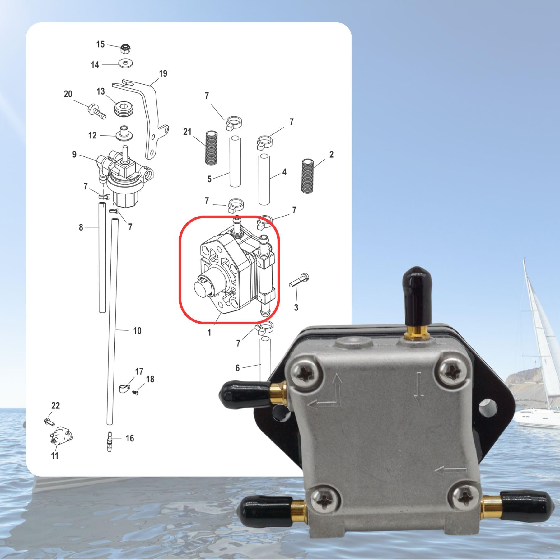 SeaSierra fuel pump compatible with Mercury 881862T fittings