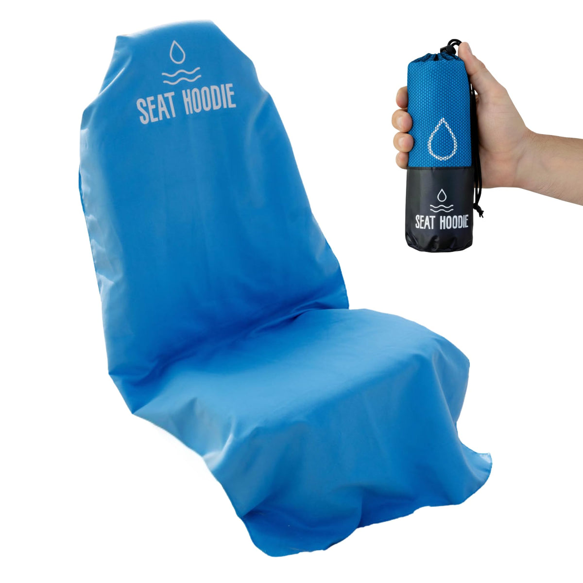 Seat Hoodie blue hooded car seat towel with full hood coverage for post-workout use.
