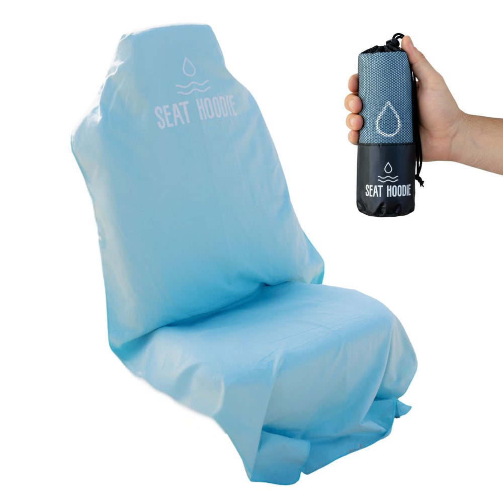 Seat Hoodie coastal blue car seat towel protecting seats from sand and sweat.