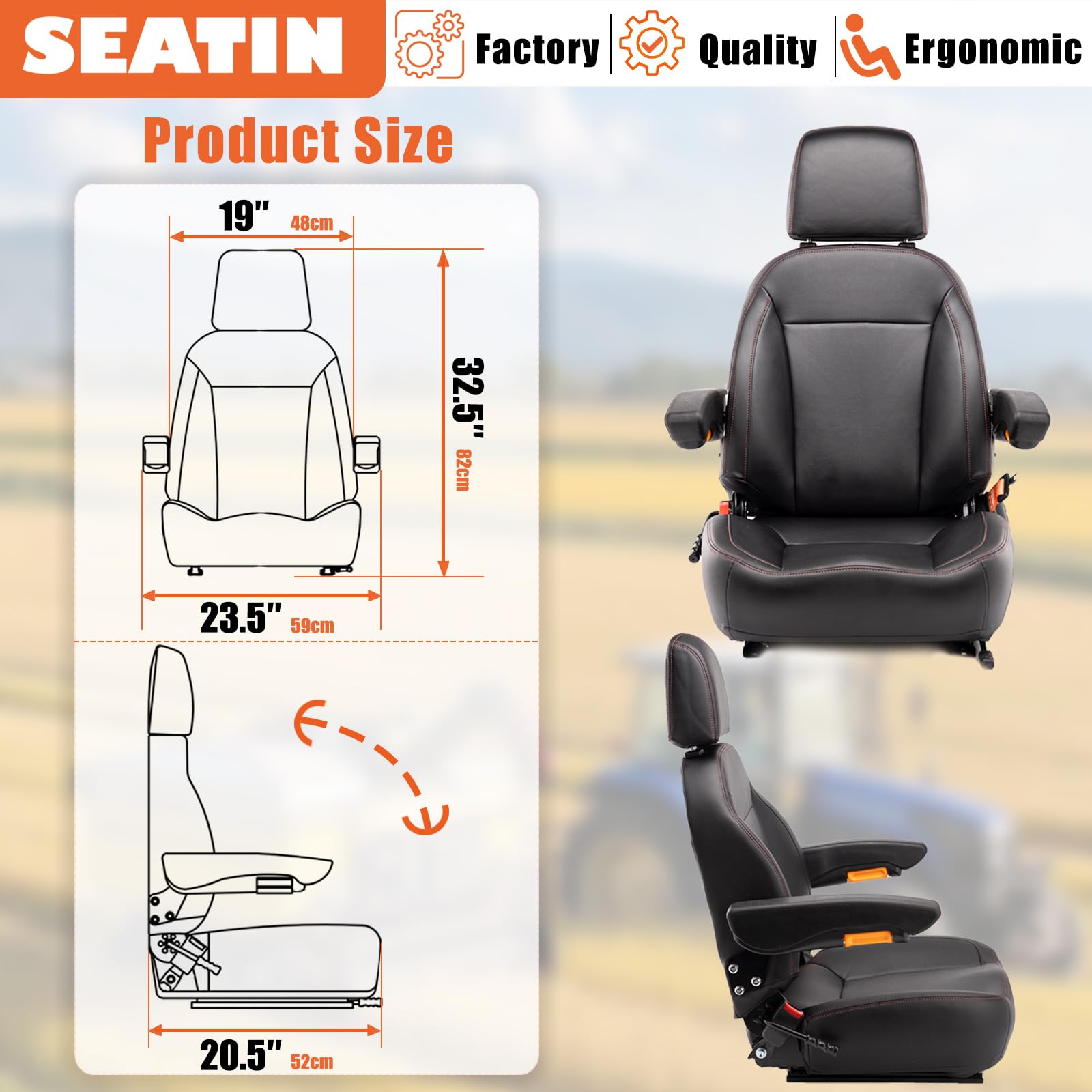 SEATIN universal tractor seat side view with backrest support for posture