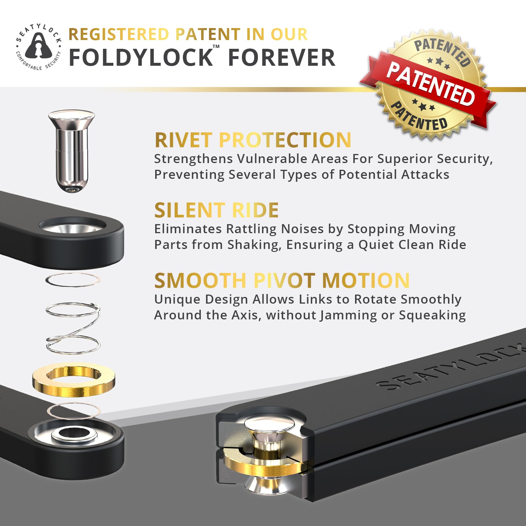 Seatylock FoldyLock Forever anti-tamper rivets close-up show secure, durable protection.