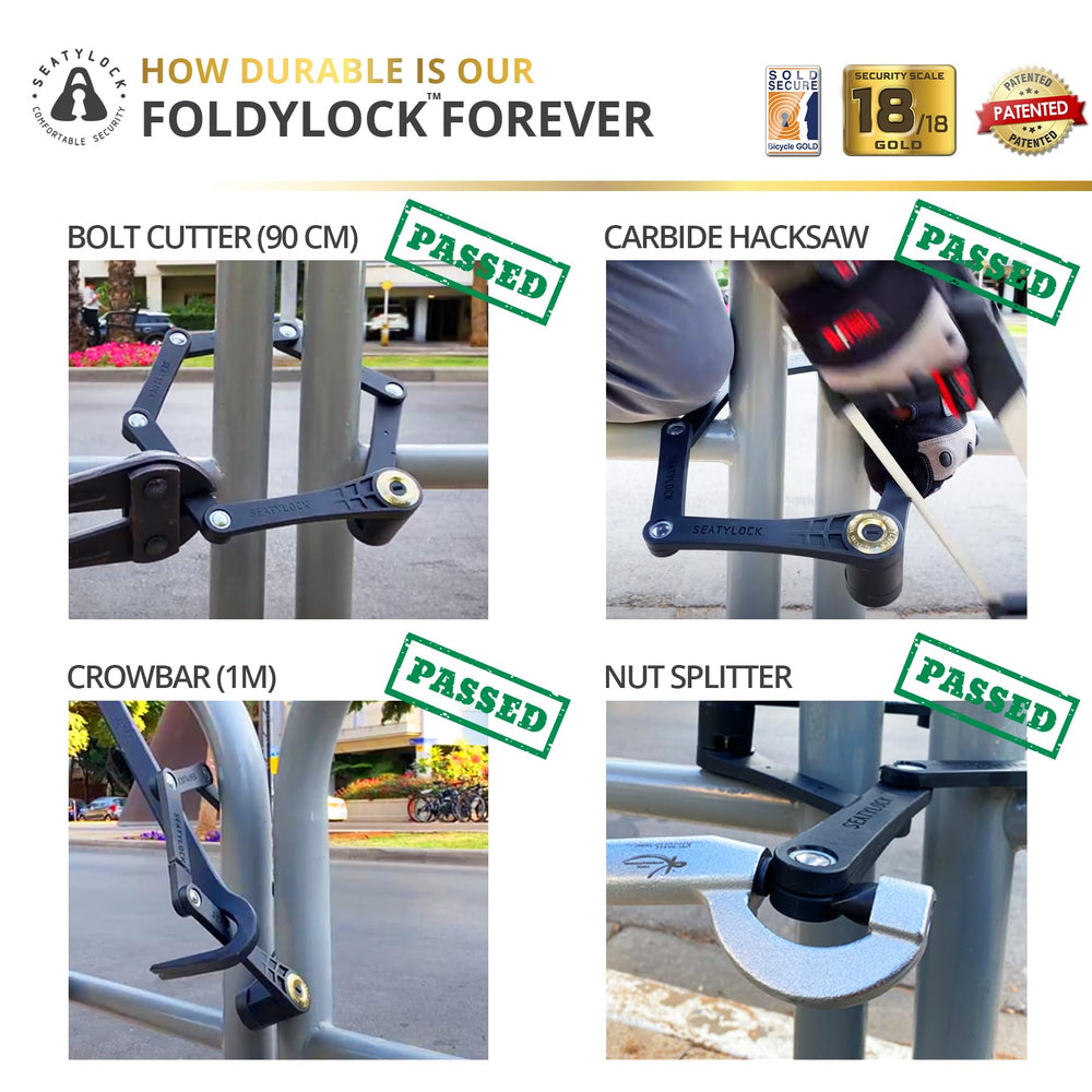 Seatylock FoldyLock Forever mount bracket installed, enabling quiet, stable bike security on the go.