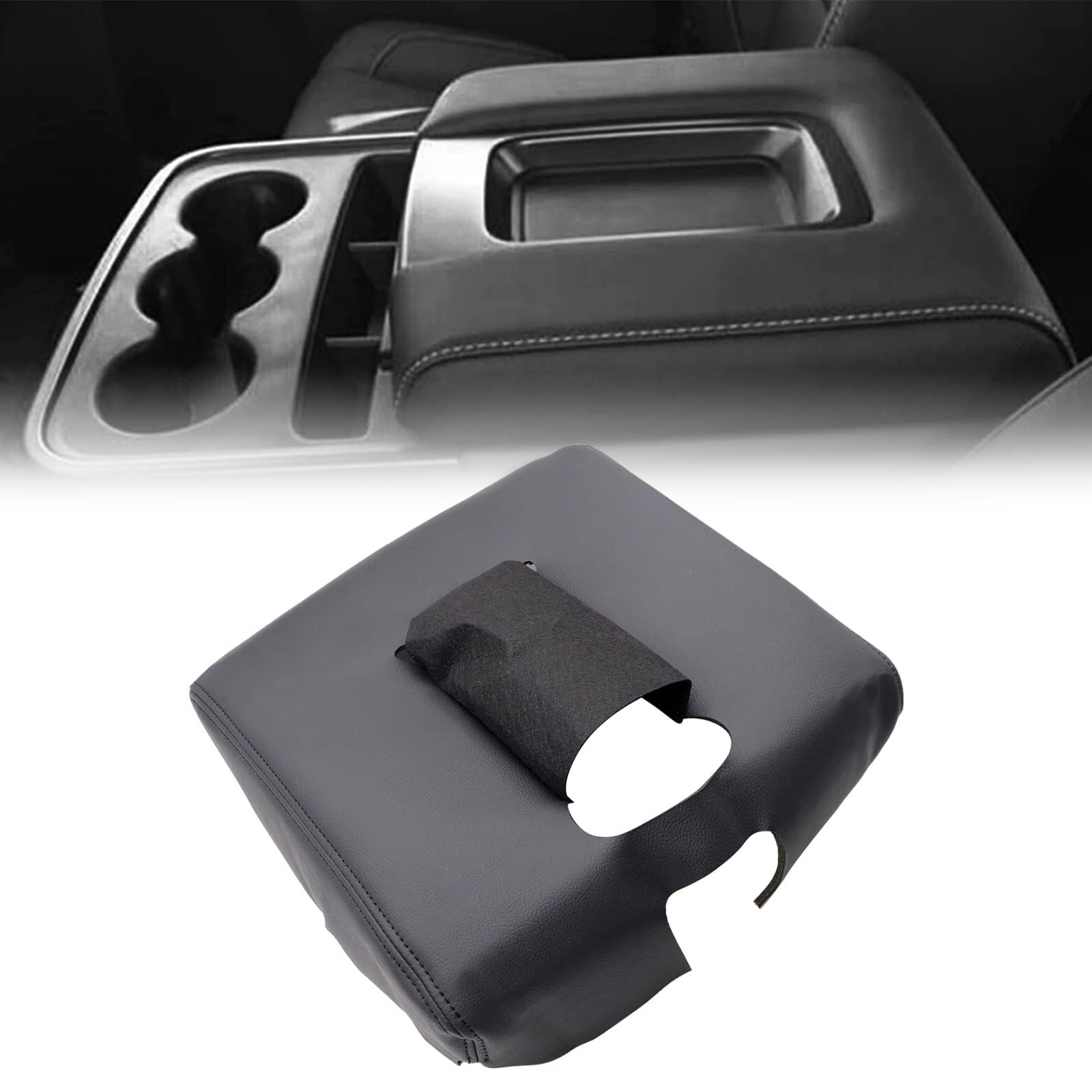SecosAutoparts black leather center console cover on Silverado and Sierra with a premium finish and protection