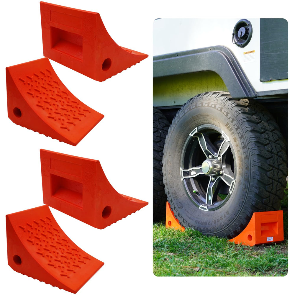 SECURITYMAN 4Pack wheel chocks orange close-up showing rugged polyurethane durability for stability.