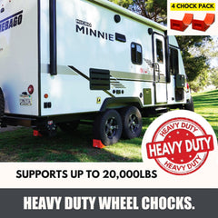 SECURITYMAN 4Pack wheel chocks orange on a truck, ready for travel and parking.