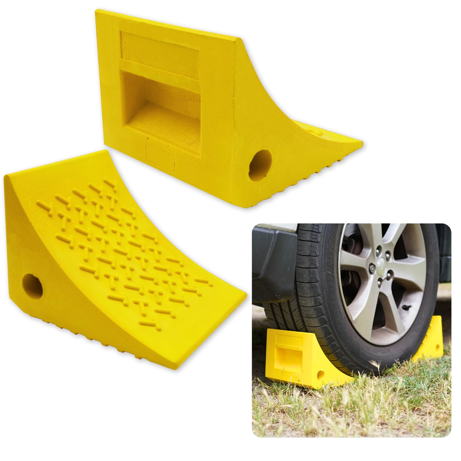 SecurityMan heavy-duty wheel chocks 2-pack yellow secure trailers on slopes.