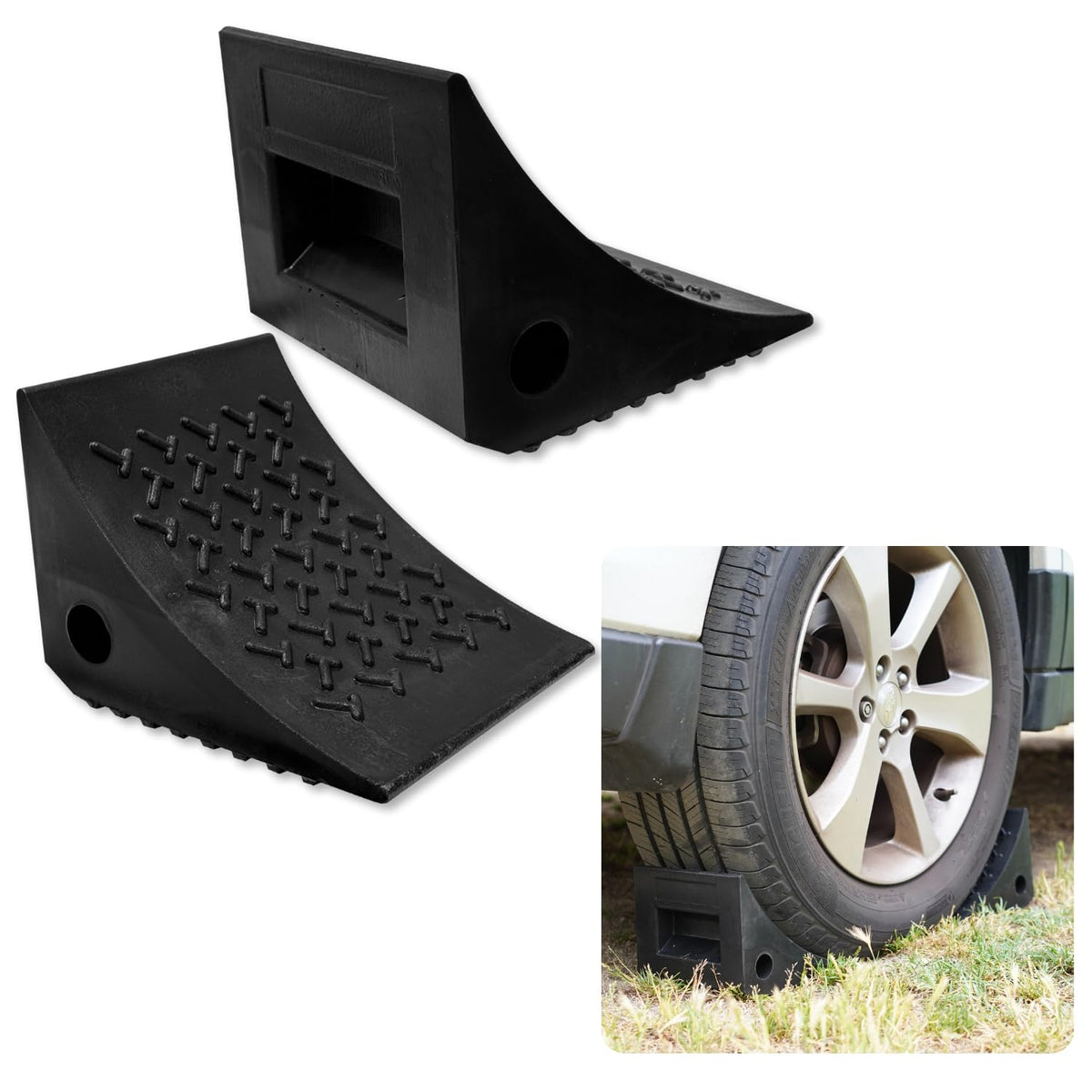 SECURITYMAN heavy-duty wheel chocks 2-pack for secure trailer parking.