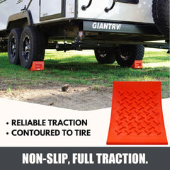 SECURITYMAN orange wheel chocks on all-weather surface with grip on slick terrain.