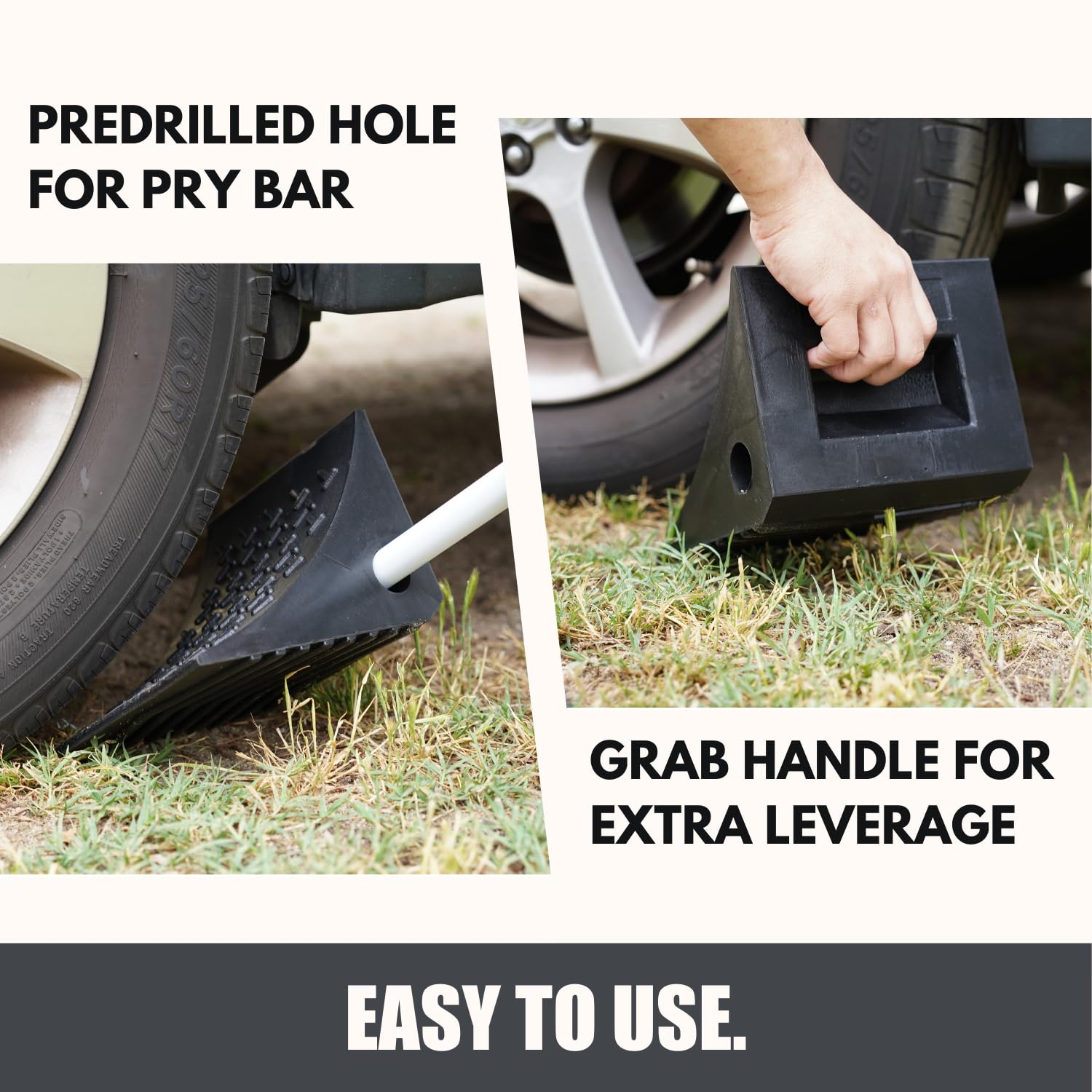 SECURITYMAN contoured wheel chocks fitting any wheel.