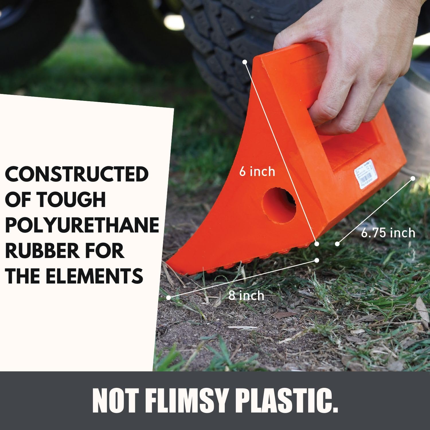 SECURITYMAN wheel chocks orange close-up, heavy-duty polyurethane built for up to 20,000 lbs.
