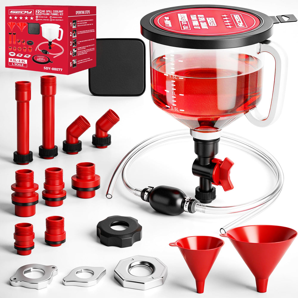 SEDY 22-piece no-spill coolant kit for clean refills and reduced mess.