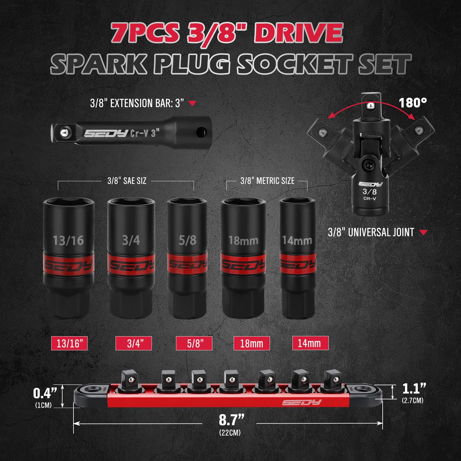 SEDY 3/8-inch drive spark plug socket ready for engine bay tasks.