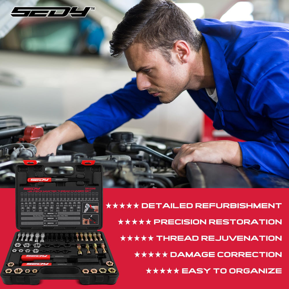 SEDY color-coded storage aids quick selection of coarse, fine, metric, and SAE chasers