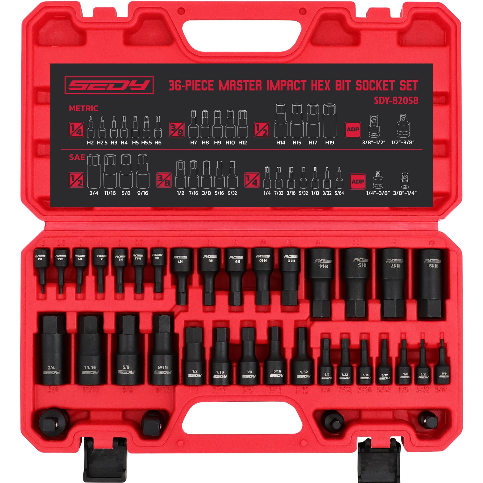 SEDY front view of full 36-piece set showing organized layout and portability benefit