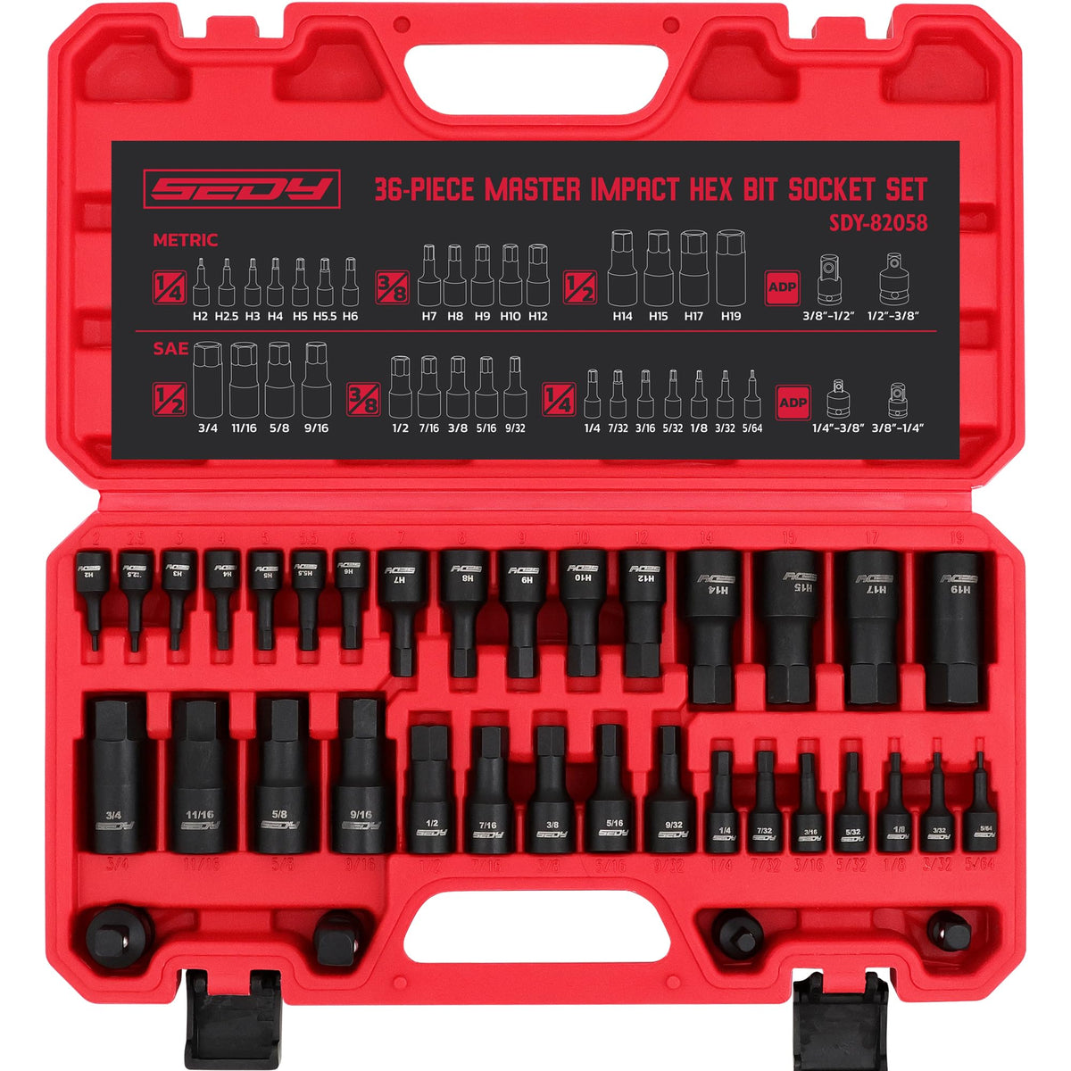 SEDY front view of full 36-piece set showing organized layout and portability benefit