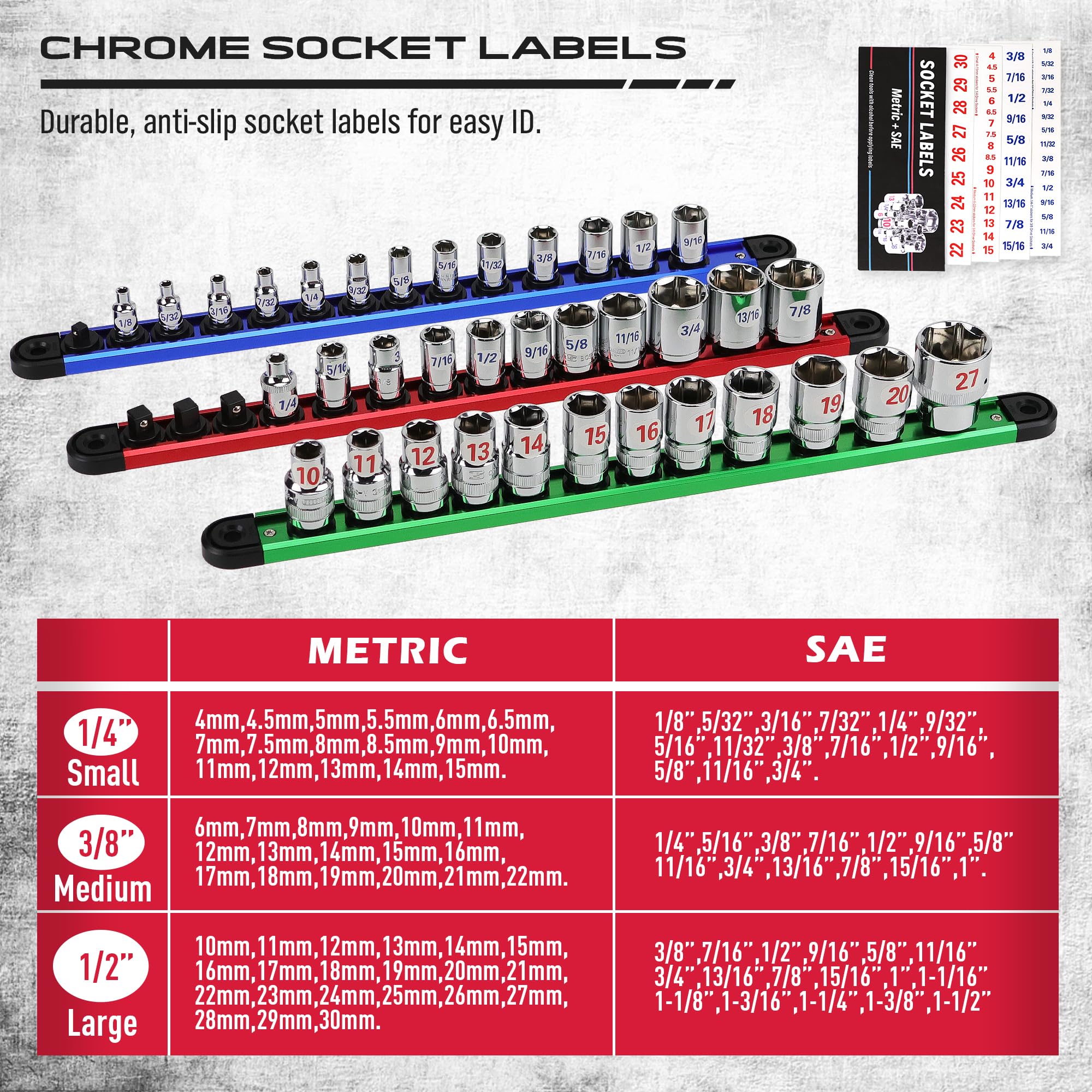 SEDY holds 1/4, 3/8, and 1/2 sockets on rails.