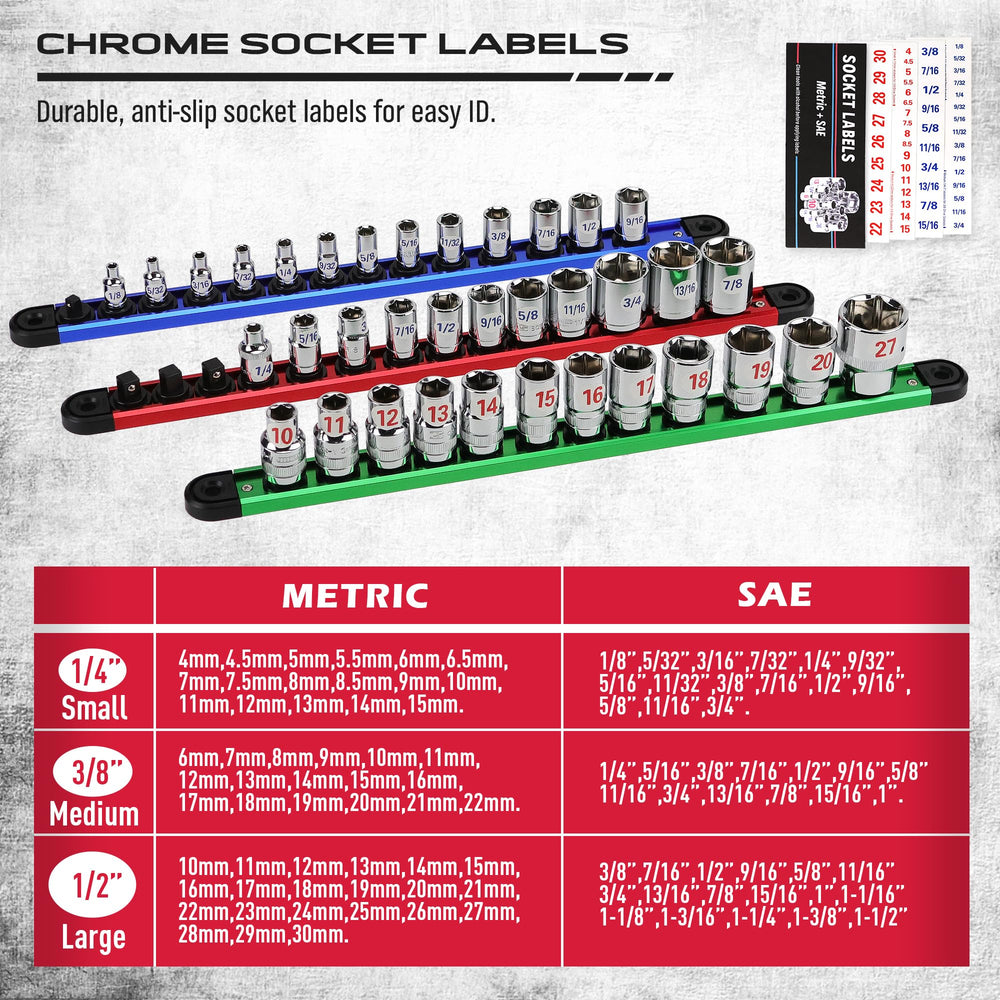 SEDY holds 1/4, 3/8, and 1/2 sockets on rails.