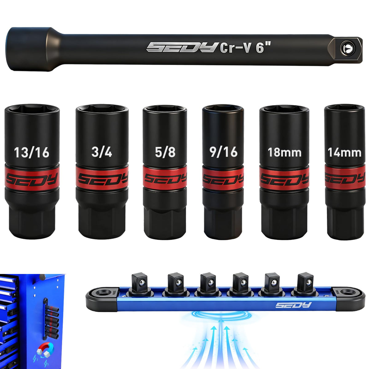 SEDY spark plug socket on magnetic rail keeps tools organized for quick access.