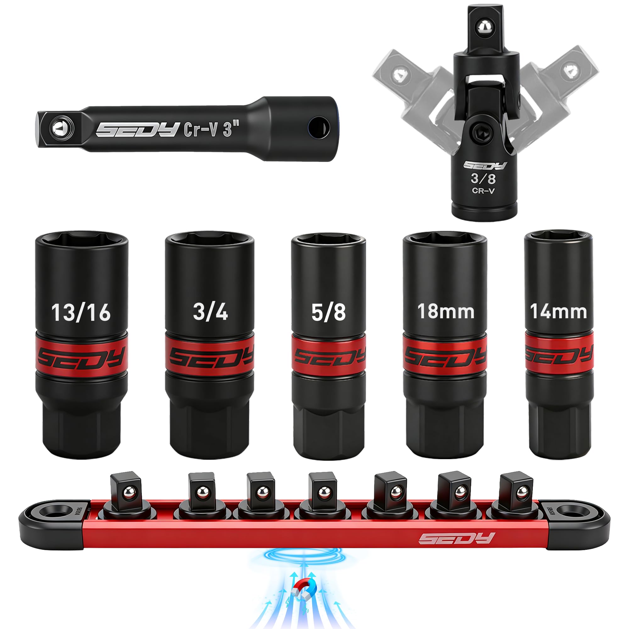 SEDY spark plug socket set displayed on a magnetic rail for organized tool storage.