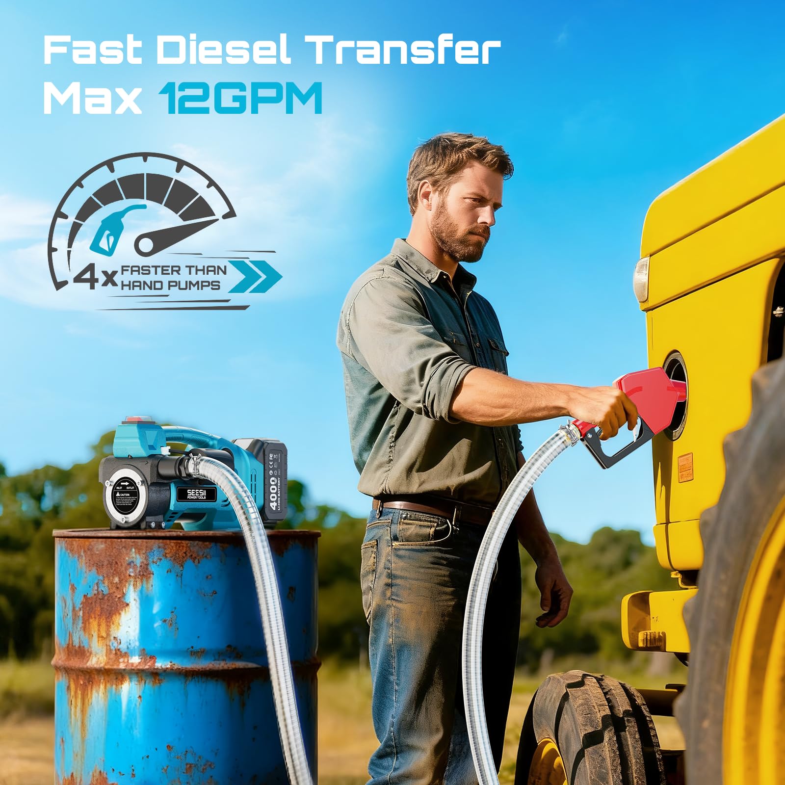 SEESII auto-stop nozzle preventing spills during diesel transfer