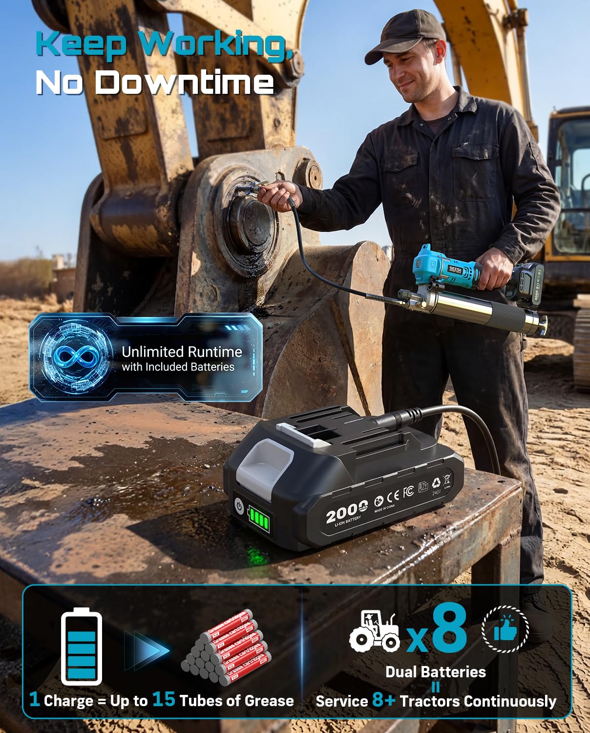 Seesii grease gun with dual 21V batteries enables long, uninterrupted work sessions.