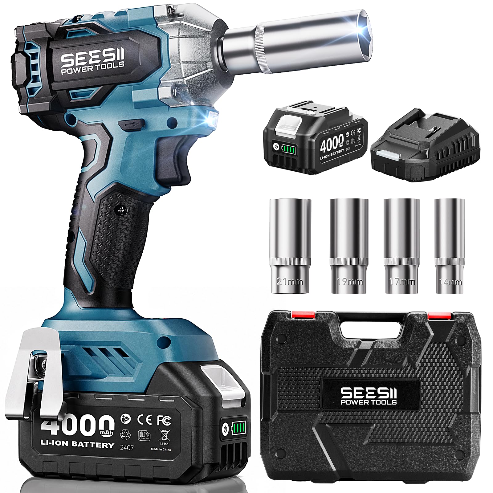 Seesii front view of compact impact wrench showing ergonomic grip and compact power