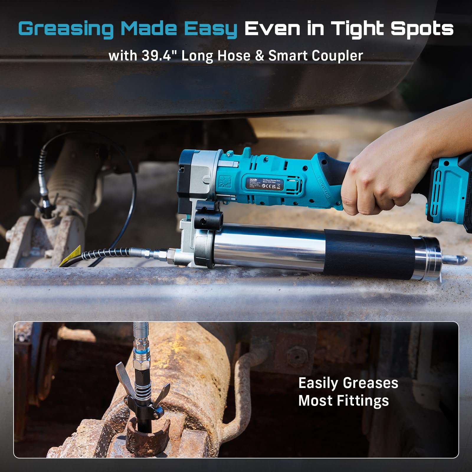 Seesii grease gun with 39-inch hose reaches engine bays and joints.
