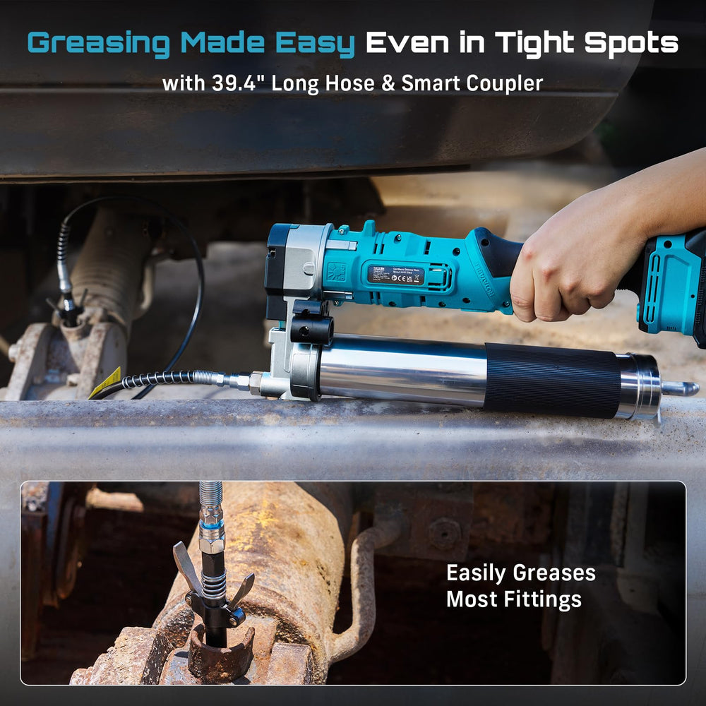 Seesii grease gun with 39-inch hose reaches engine bays and joints.