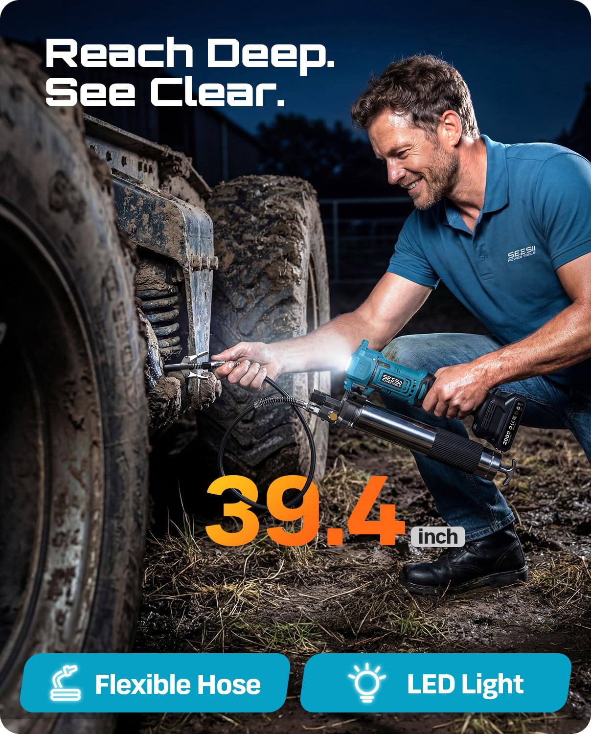 Seesii grease gun with pointed nozzle targets precision lubrication.