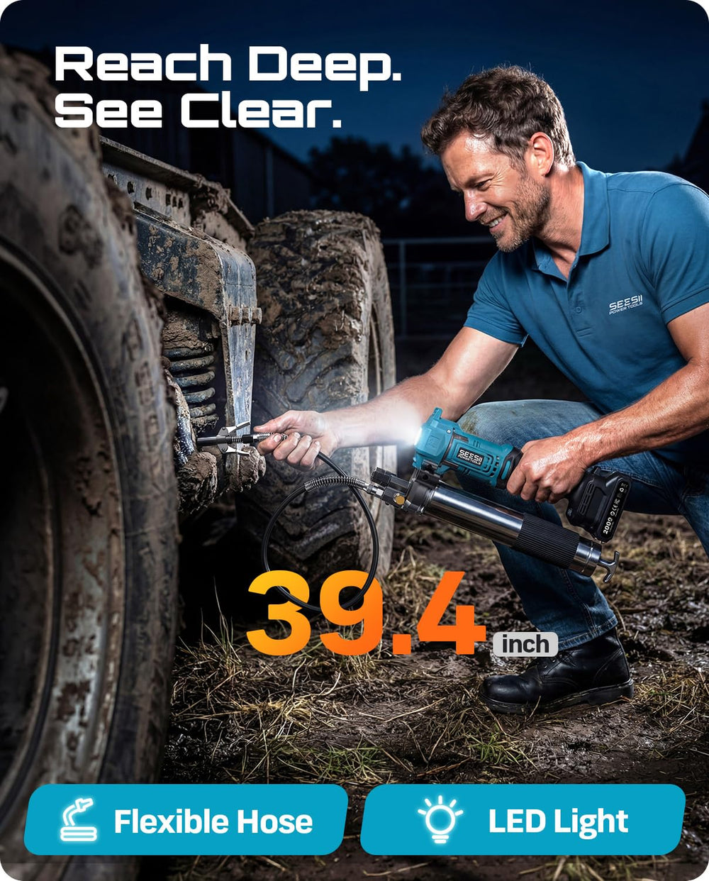 Seesii grease gun with pointed nozzle targets precision lubrication.