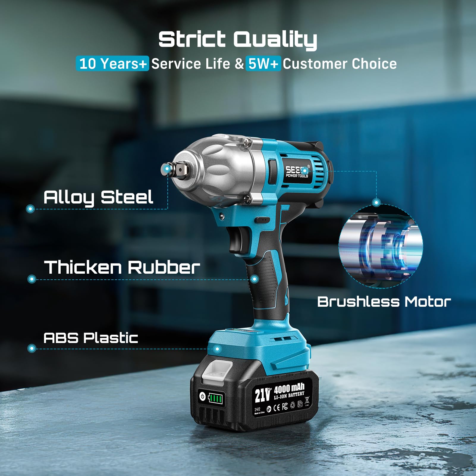 Seesii impact wrench LED work light illuminating a lug nut for precise visibility