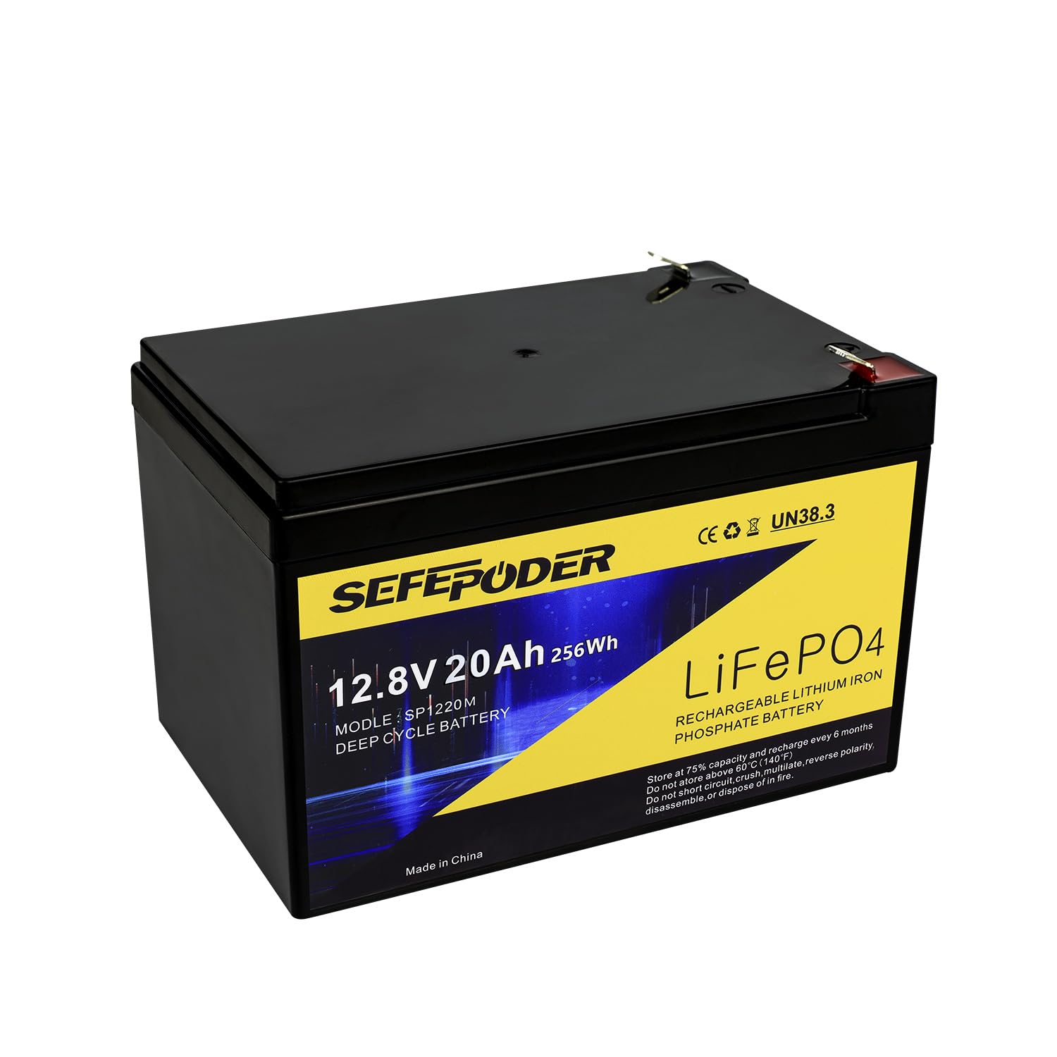 SEFEPODER 12V 20Ah LiFePO4 battery shown, compact design ideal for electric scooters.